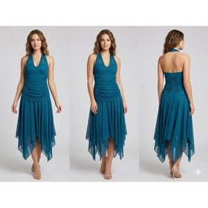 VINTAGE RORY Teal Sparkly Fairycore Dress Y2K Mermaid Asymmetrical Medium USA